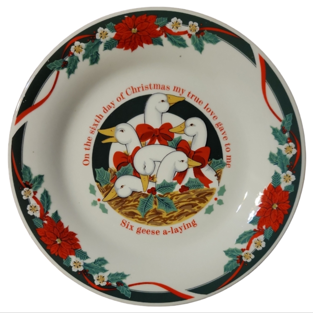 Vtg Tienshan Deck Halls 12 Days Christmas #6 Salad/Dessert Geese A-Laying Gold